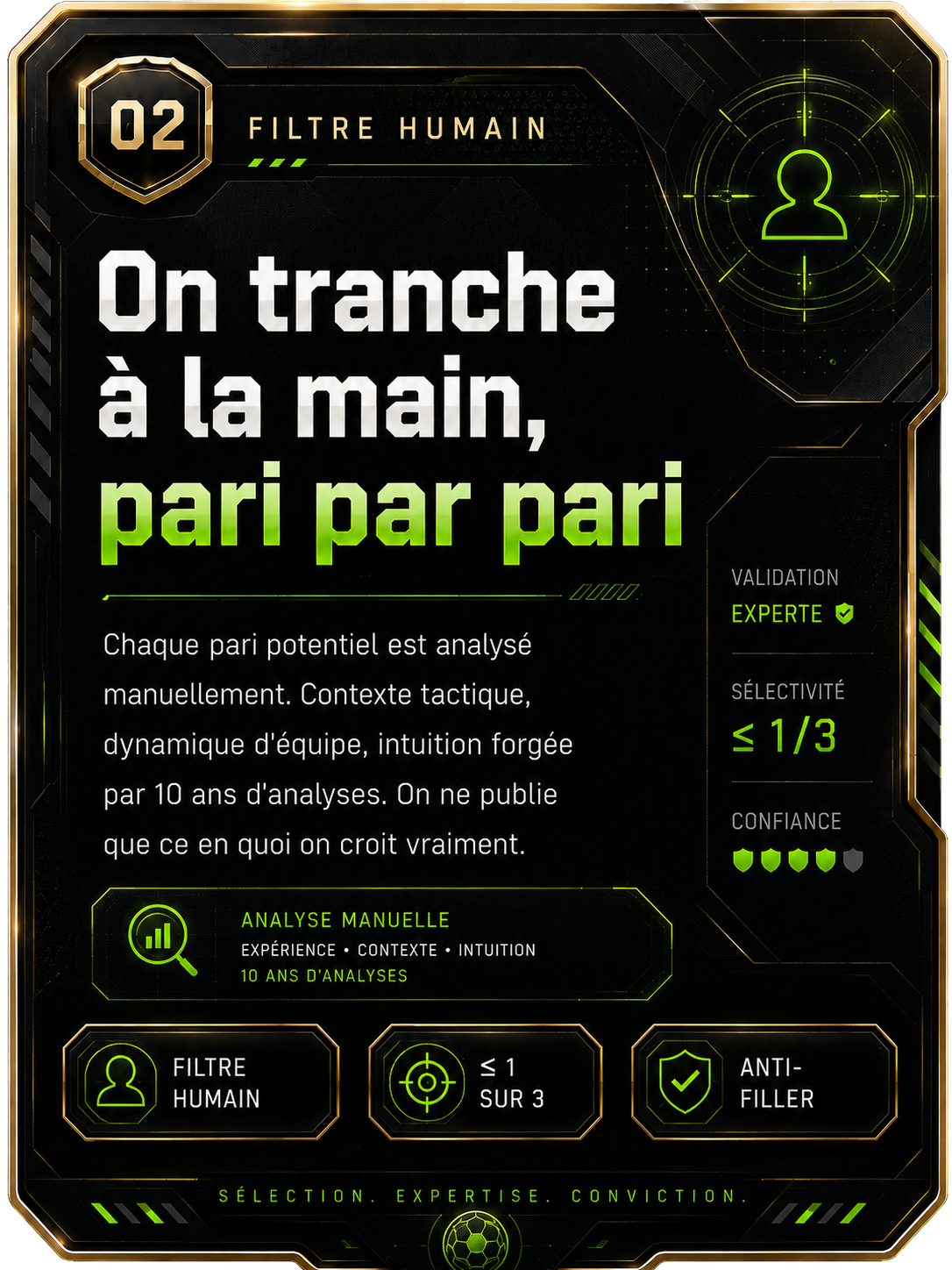 Étape 02 — Filtre humain : on tranche à la main, pari par pari (analyse manuelle, sélectivité ≤ 1 sur 3, anti-filler)