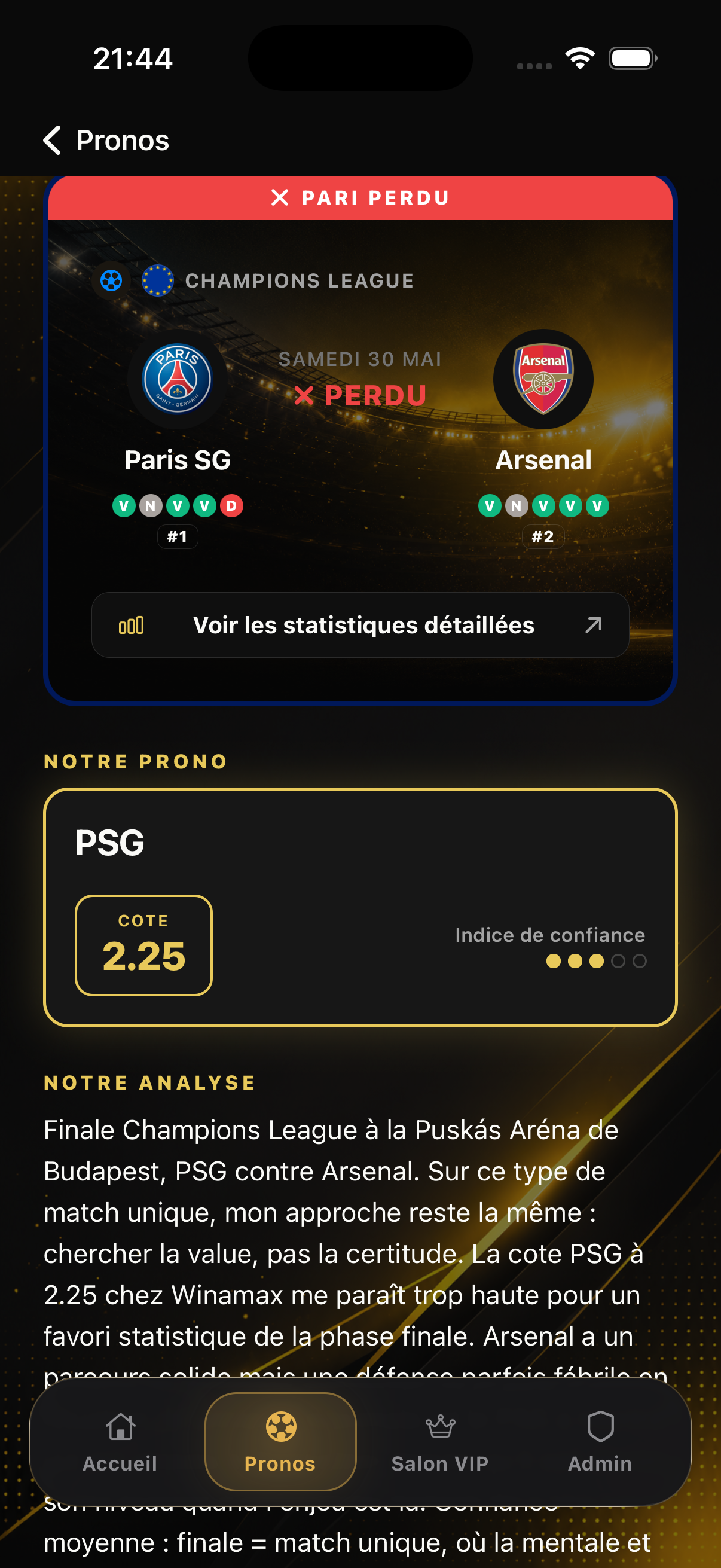 Fiche prono AJ Pronos avec mise conseillée et cote minimale