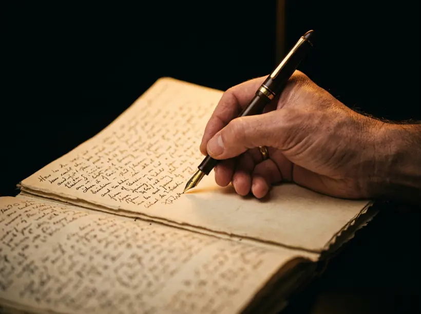 Main tenant un stylo et écrivant des notes dans un carnet ouvert, éclairé par une lampe chaude